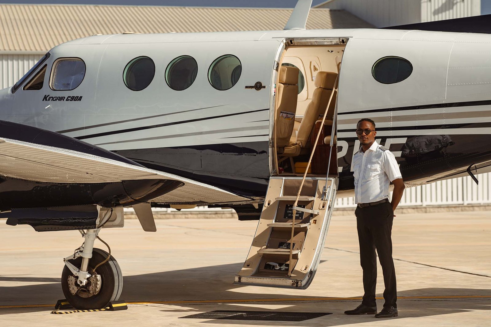 King Air on private terminal ramp ready for private air charter flight.